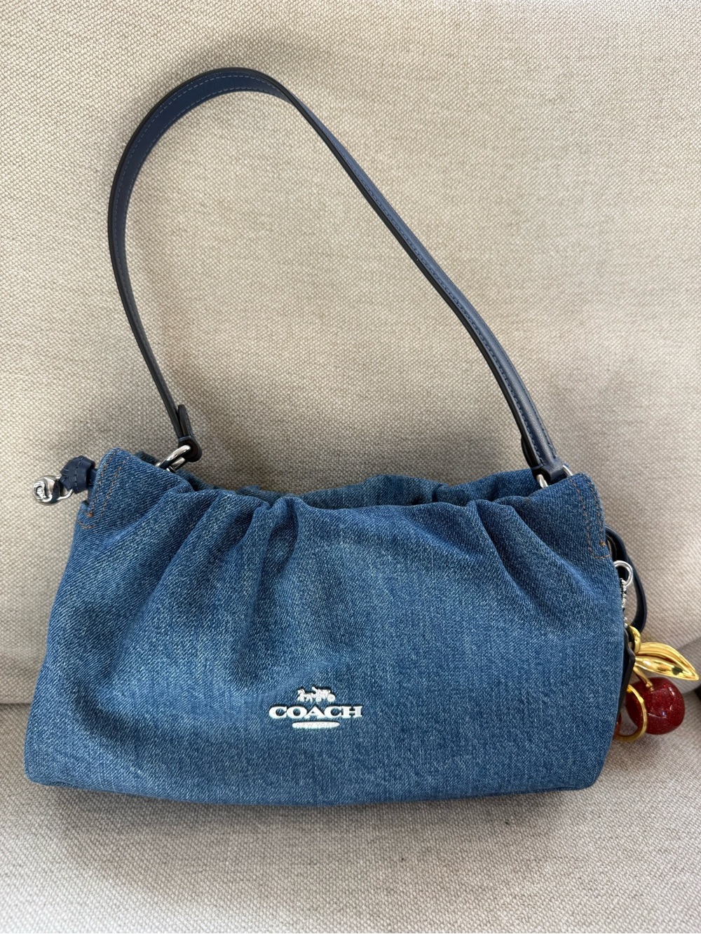 Coach Faye Denim Ruched Shoulder Bag + Cherry Charm (No Xbody strap)